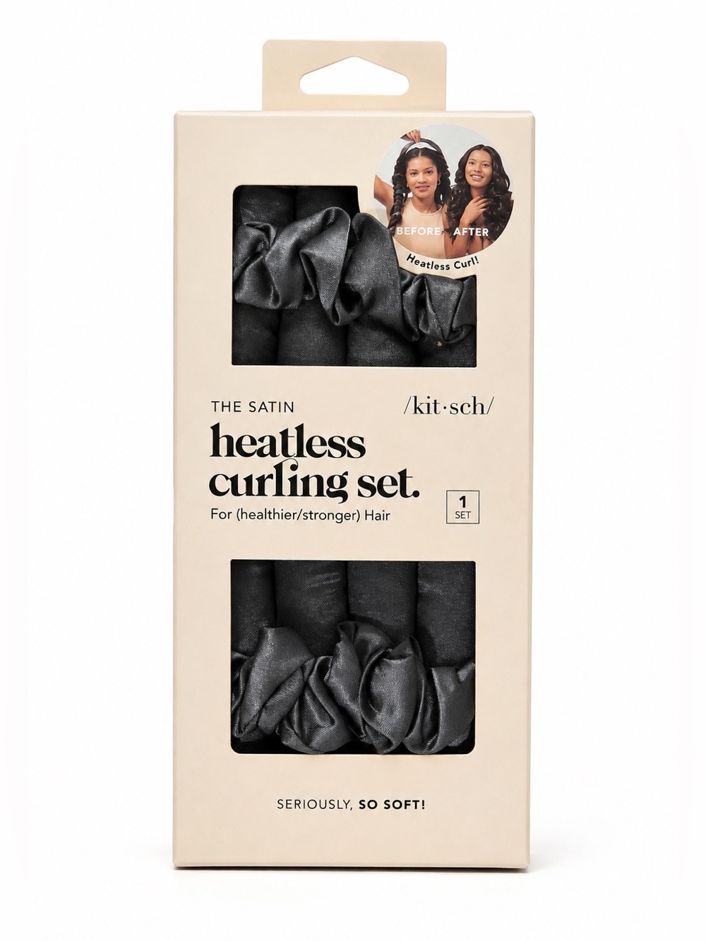 Kitsch Satin Heatless Curling Set Charcoal Hair Curler w/ 2 Scrunchies New